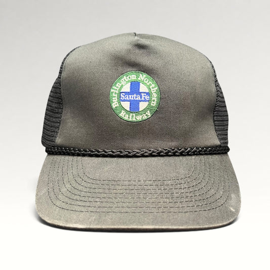 2000s Burlington Northern Santa Fe Railway gray rope trucker snapback hat, front view