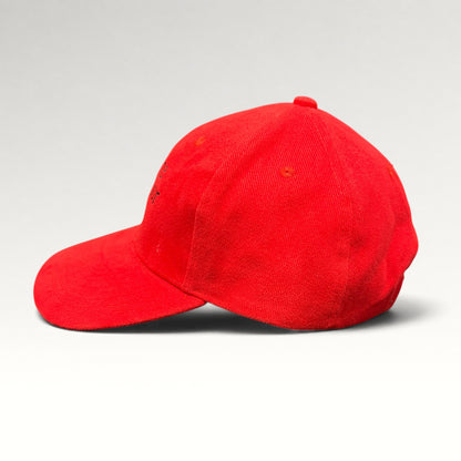 Red Honda slogan strapback hat, left side