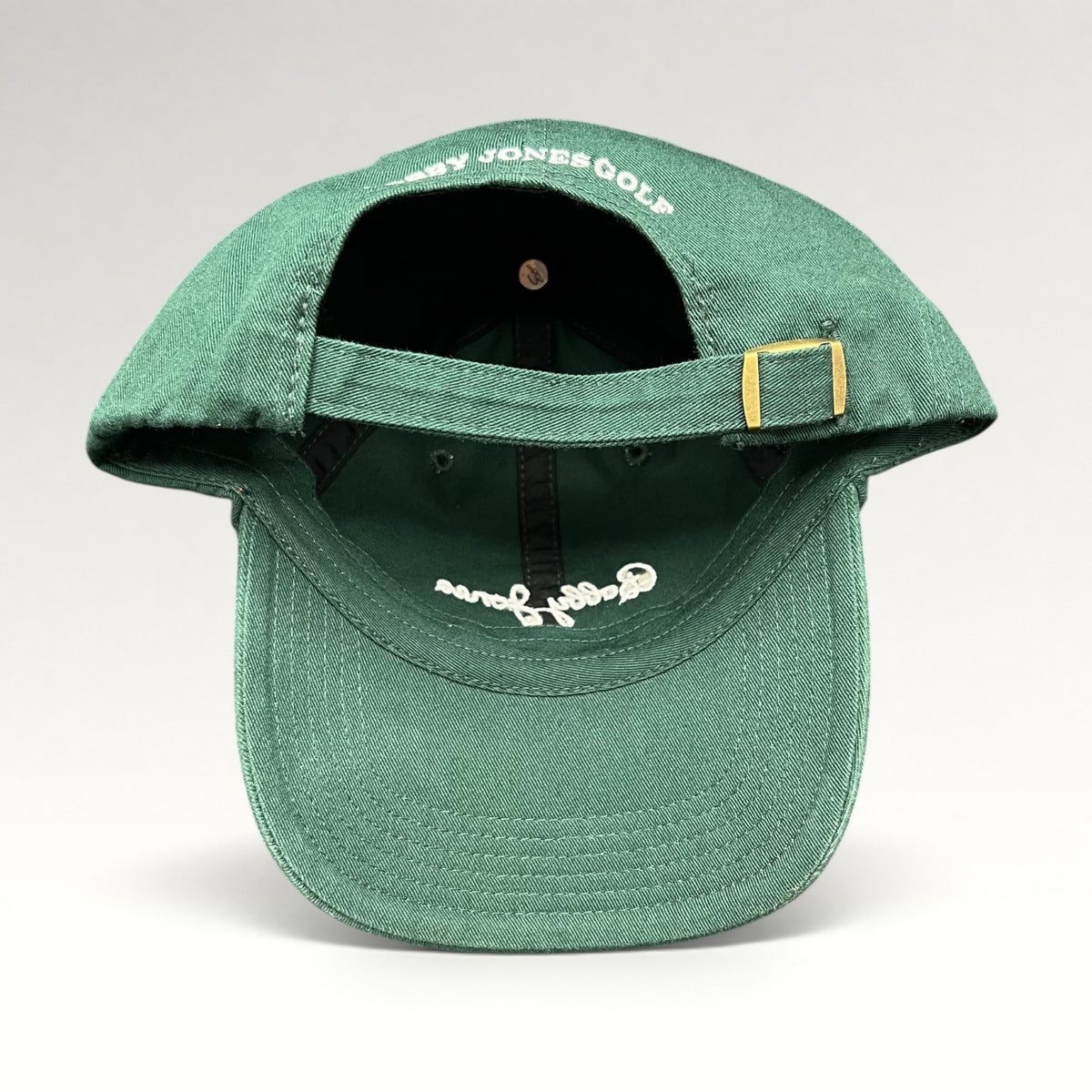 Bobby Jones hat interior, underside of brim, and adjustable buckle strap