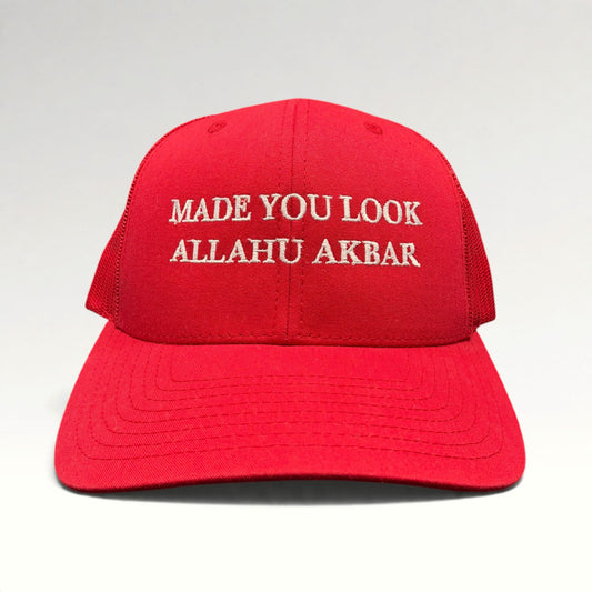 Made You Look Allahu Akbar Yupoong Snapback Trucker Hat front