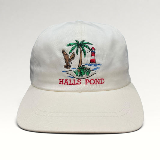 Early 2000s Halls Pond Massachusetts white Smallwoods strapback hat, front view