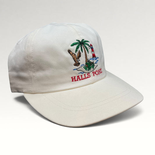 Early 2000s Halls Pond Massachusetts white Smallwoods strapback hat, front right angle