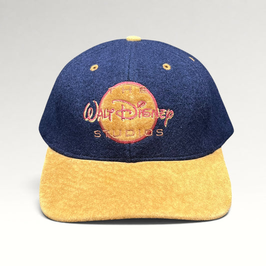 Vintage 1990s Walt Disney Studios navy and tan strapback hat, front view