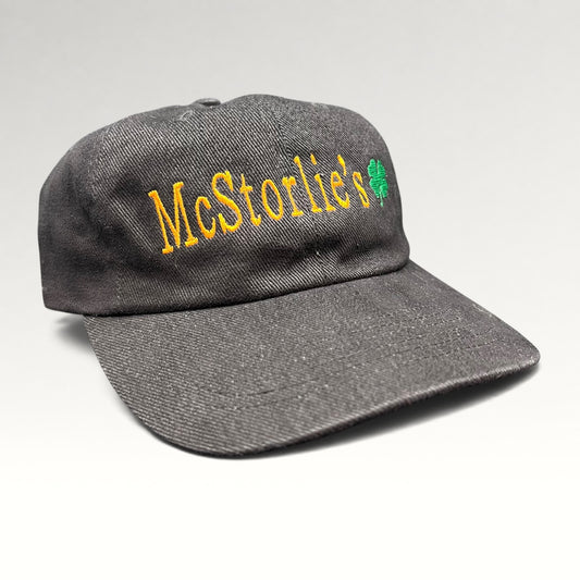McStorlie's Irish Pub Aspen Colorado black strapback hat, front angle