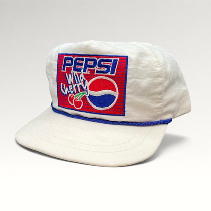 Raree Finds vintage white Pepsi Wild Cherry snapback hat with blue rope trim and embroidered logo patch
