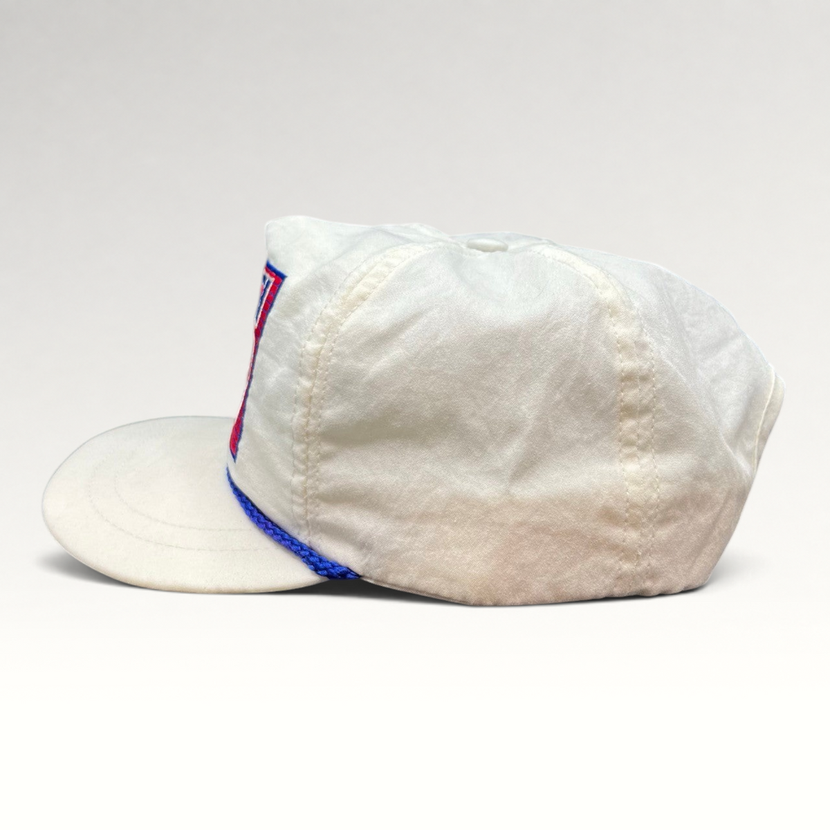 Vintage Hat Source vintage white Pepsi Wild Cherry snapback hat with blue rope trim and structured trucker cap design