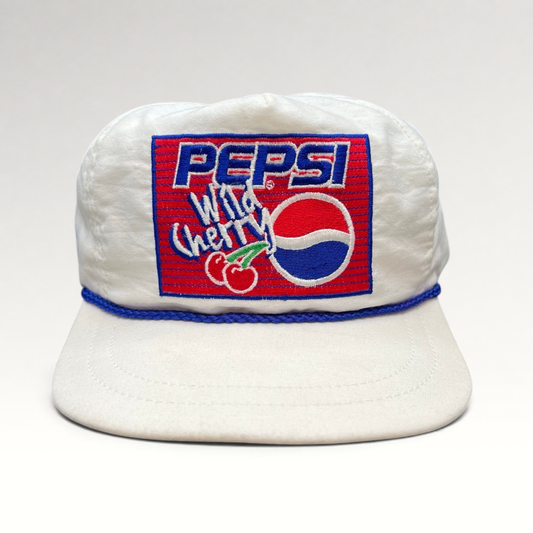Vintage Hat Source vintage white Pepsi Wild Cherry snapback hat with blue rope trim and embroidered logo patch