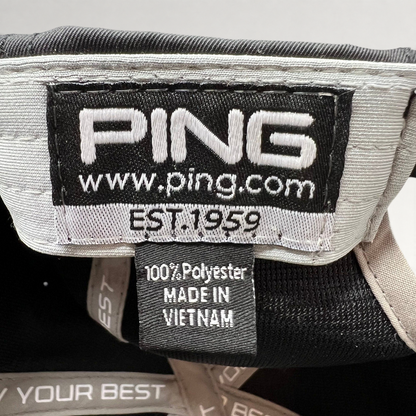 Raree Finds PING golf hat interior care label showing 100% polyester material and made in Vietnam origin
