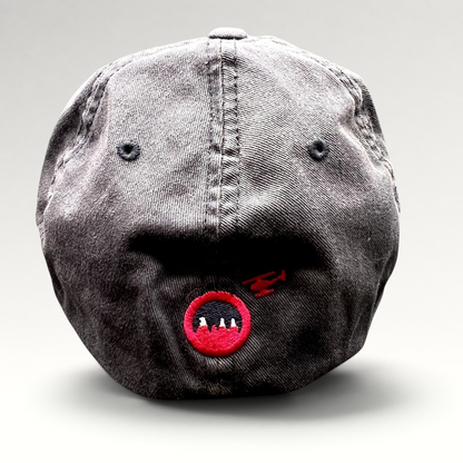 Raree Finds vintage-style black washed cotton Flexfit hat with red embroidered logo on the back