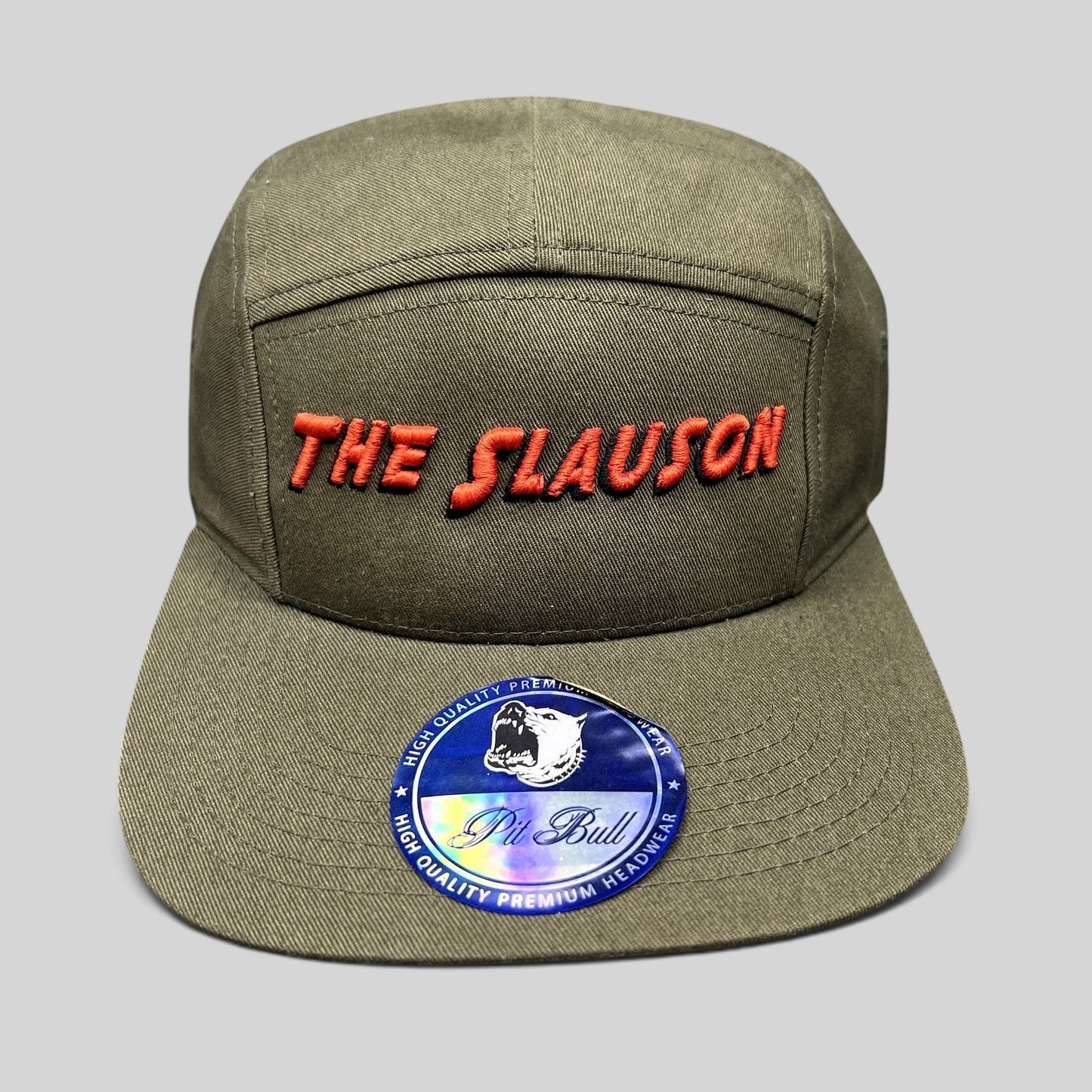 The Slauson 5 Panel Strapback Hat Olive Red Yellow Pit Bull