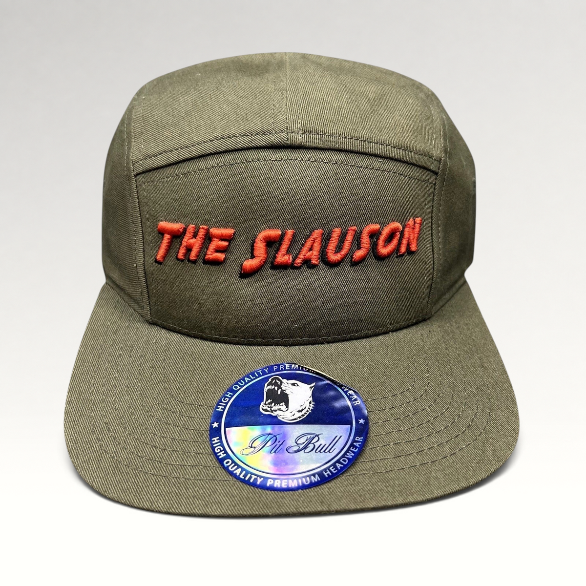 Raree Finds olive green 5-panel strapback hat with red The Slauson embroidered script and Pit Bull Headwear sticker