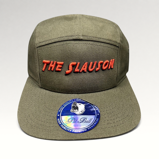 Raree Finds olive green 5-panel strapback hat with red The Slauson embroidered script and Pit Bull Headwear sticker