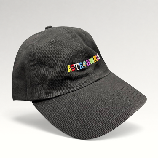 Raree Finds black cotton strapback hat with multicolor embroidered ASTROWORLD lettering on the front crown