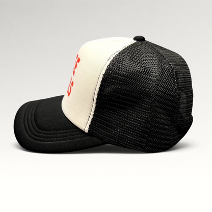 Raree Finds funny trucker hat with white foam front, black mesh back, and red I PEE IN POOLS text in side profile.