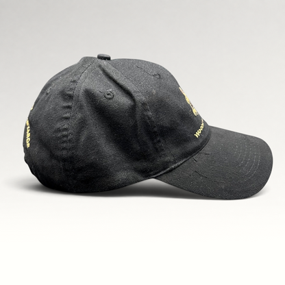 Raree Finds black cotton strapback hat with Woodstock Collection Love embroidery and Cielo Malibu Estate branding.