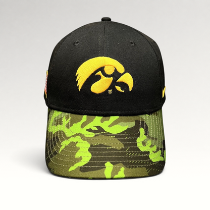 Raree Finds Nike Iowa Hawkeyes Legacy91 strapback hat with black crown, yellow embroidered logo, and camo visor.
