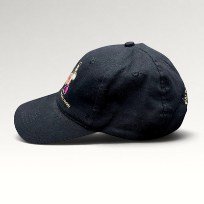 Raree Finds black cotton strapback hat with Woodstock Collection Love embroidery and Cielo Malibu Estate branding