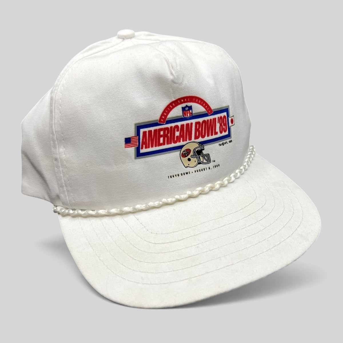 Raree Finds vintage 1989 NFL American Bowl San Francisco 49ers white snapback hat with braided rope and Tokyo Dome logo