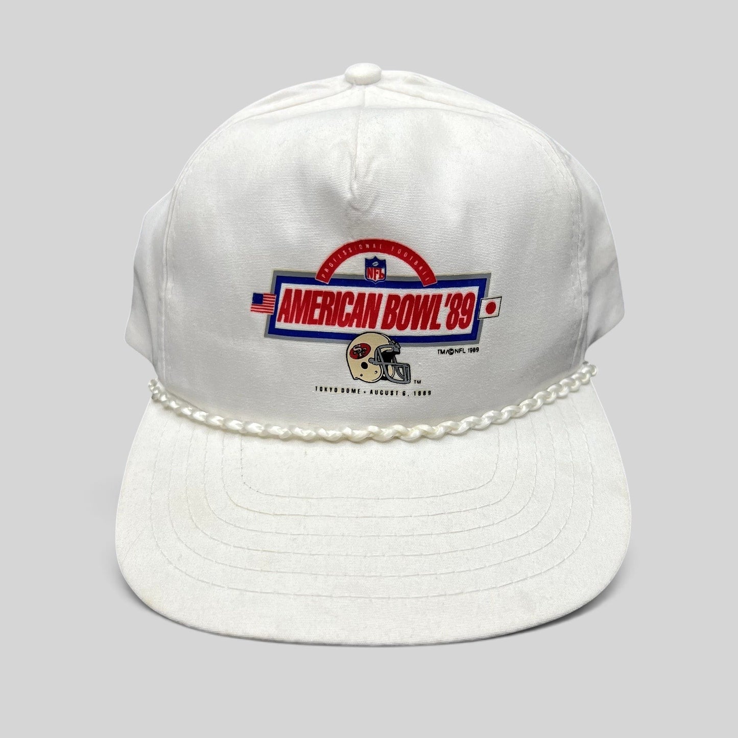 Raree Finds vintage 1989 NFL American Bowl San Francisco 49ers white snapback hat with braided rope and event graphic