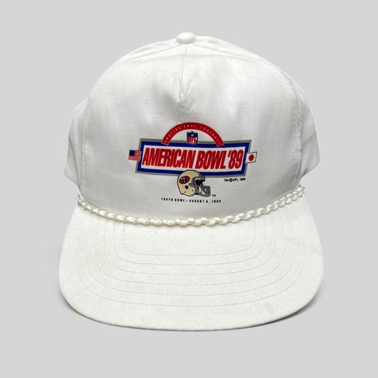 Raree Finds vintage 1989 NFL American Bowl San Francisco 49ers white snapback hat with braided rope and event graphic
