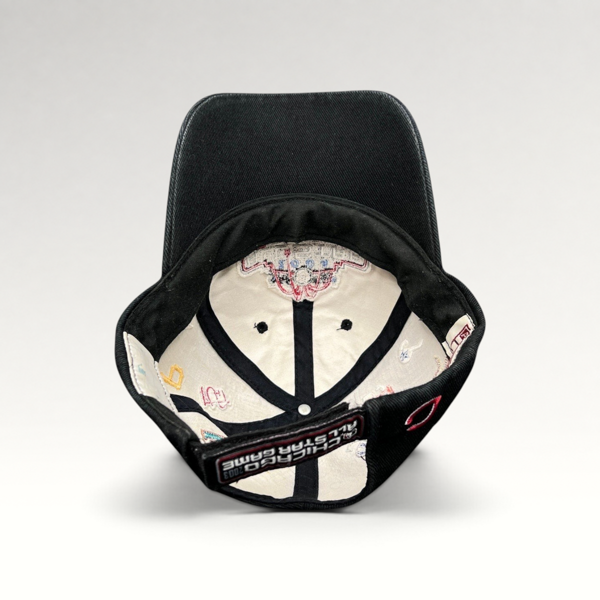 Raree Finds 2003 MLB All-Star Game Chicago hat interior showing embroidered team logos and commemorative branding
