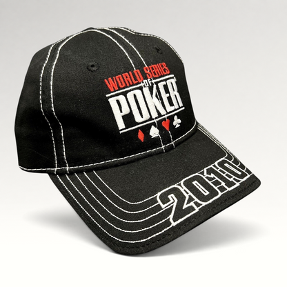 Raree Finds 2010 World Series of Poker black flexfit hat with white contrast stitching and embroidered logo.