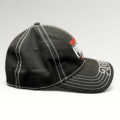 Raree Finds 2010 World Series of Poker black flexfit hat with white contrast stitching and embroidered brim detail.