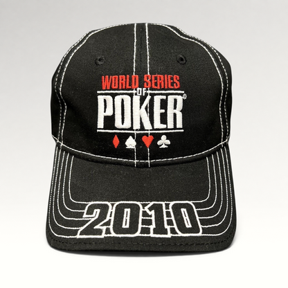Raree Finds 2010 World Series of Poker black flexfit hat with white embroidered logo and card suit graphics