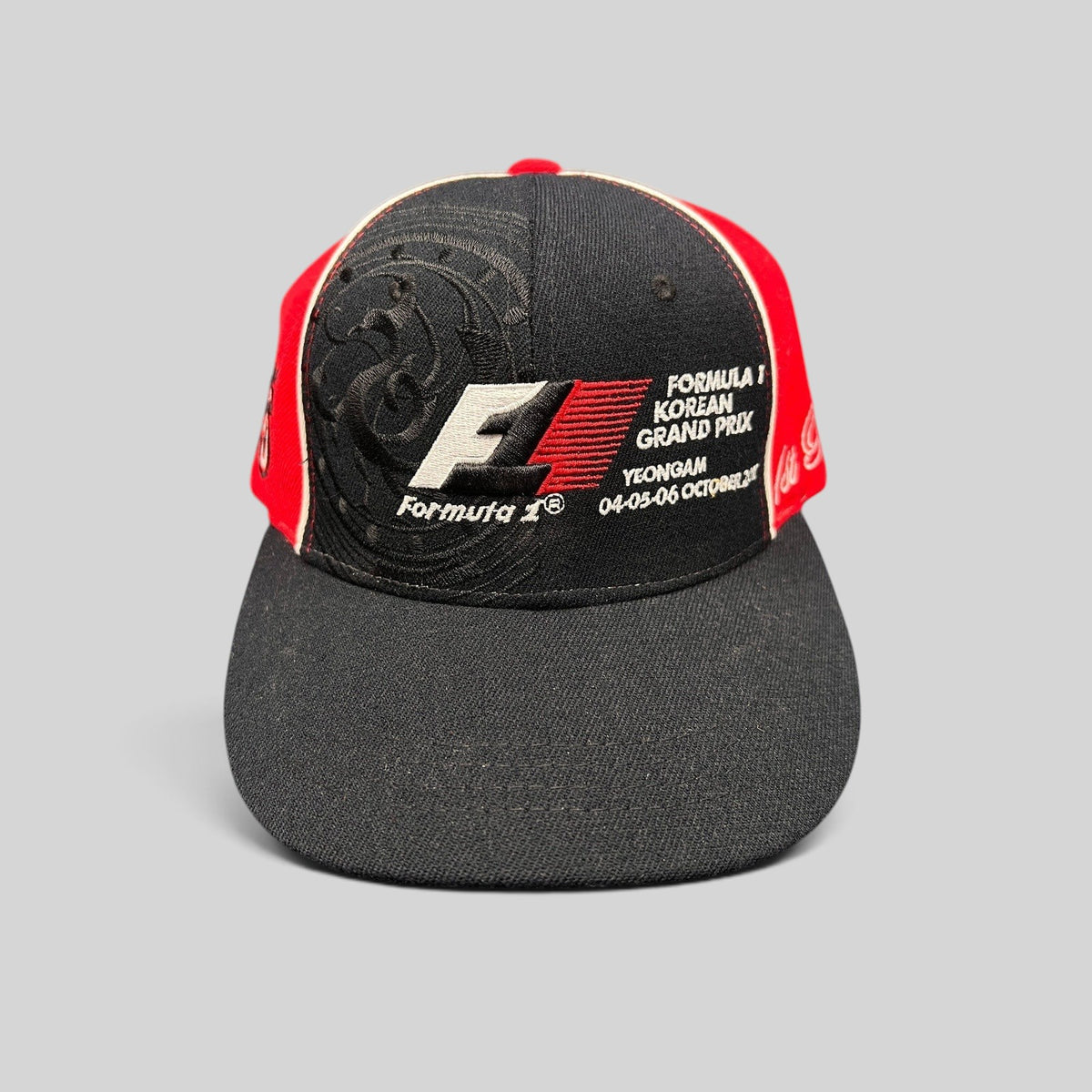 Raree Finds 2013 Formula 1 Korean Grand Prix snapback hat in black and red cotton with official event embroidery.