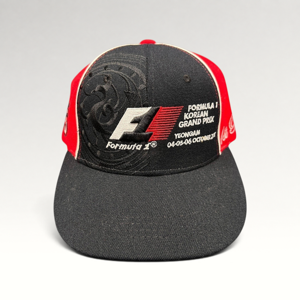 Raree Finds 2013 Formula 1 Korean Grand Prix snapback hat in black and red cotton with official event embroidery.