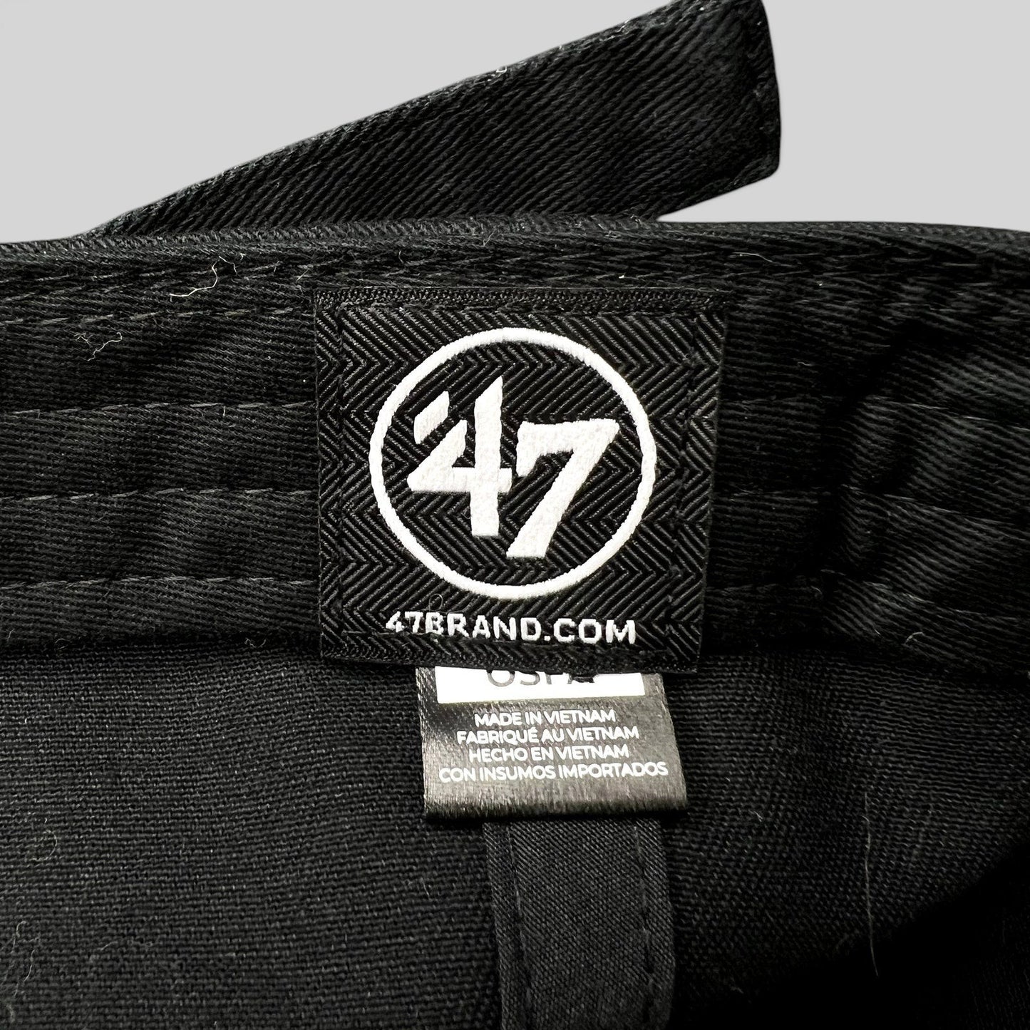 Raree Finds 47 Brand black cotton cap interior label with white logo and manufacturing details