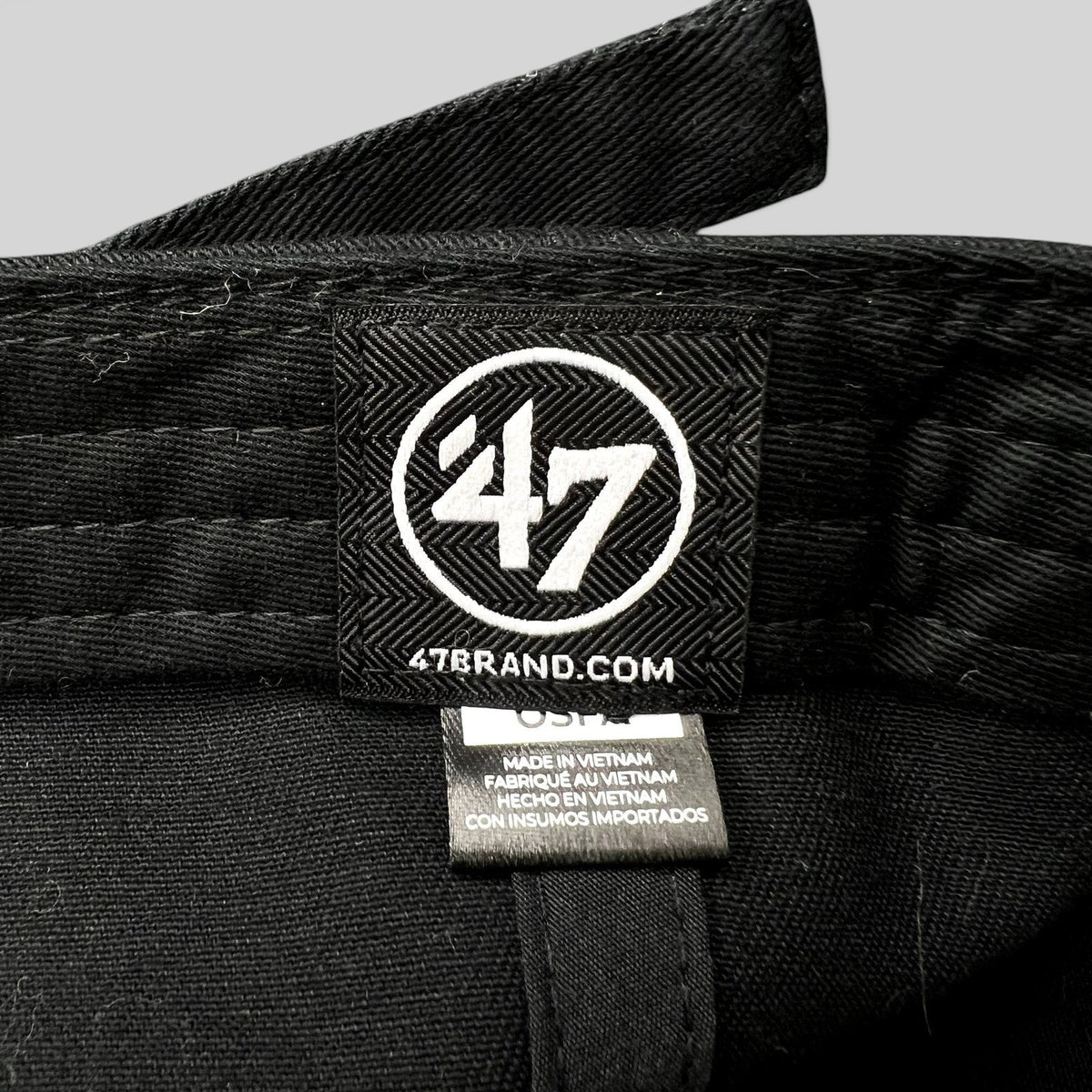Raree Finds 47 Brand black cotton cap interior label with white logo and manufacturing details