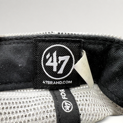 Raree Finds 47 Brand trucker hat interior label with white mesh back and black fabric details