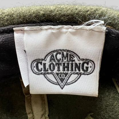 Raree Finds vintage 1991 Acme Clothing Co. interior brand tag inside an olive wool Harley-Davidson Taz hat