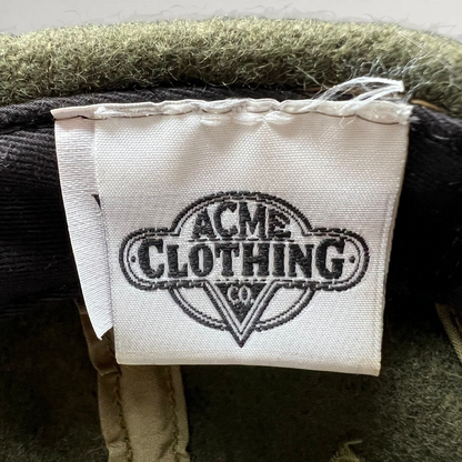 Raree Finds vintage 1991 Acme Clothing Co. interior brand tag inside an olive wool Harley-Davidson Taz hat