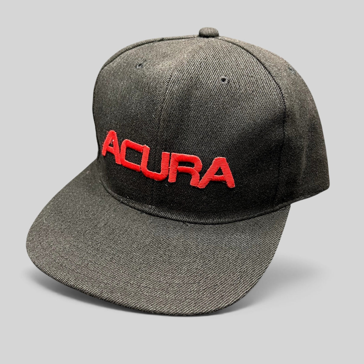 Raree Finds black structured six-panel snapback hat with raised red Acura embroidery on the front flat brim cap