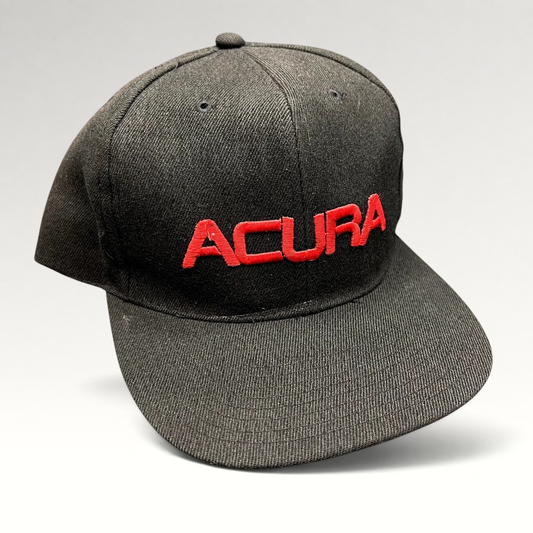 Raree Finds black Acura snapback hat with raised red embroidered logo on a structured six-panel flat brim cap.