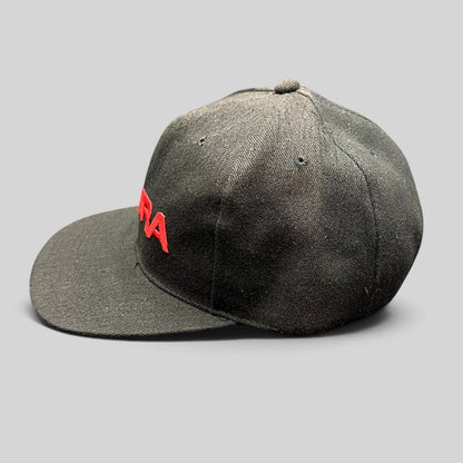 Raree Finds black Acura snapback hat with bold raised red embroidery and a structured flat brim design.