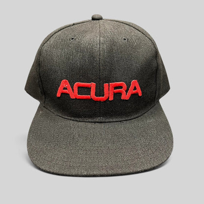 Raree Finds black Acura snapback hat with raised red embroidered logo on the front and a flat brim design.