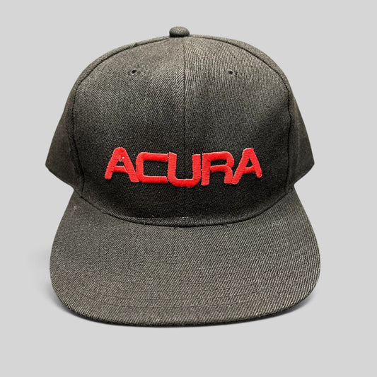 Raree Finds black Acura snapback hat with raised red embroidered logo on the front and a flat brim design.