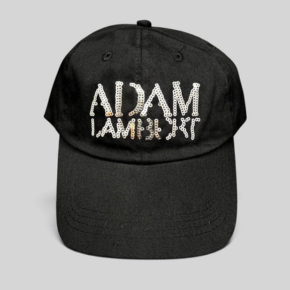 Raree Finds black cotton snapback hat featuring an Adam Lambert logo in silver and gold sequins.