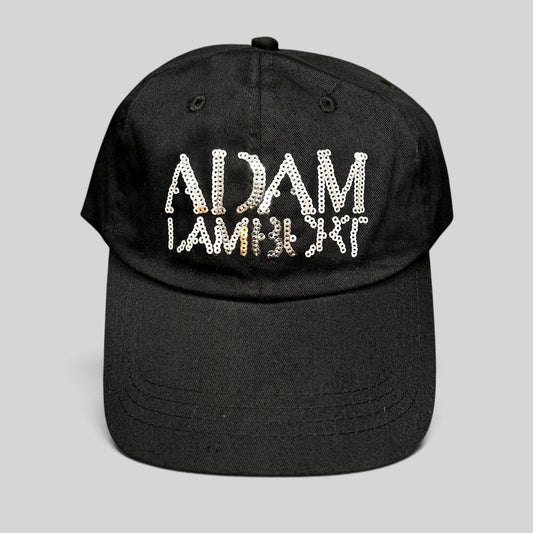 Raree Finds black cotton snapback hat featuring an Adam Lambert logo in silver and gold sequins.