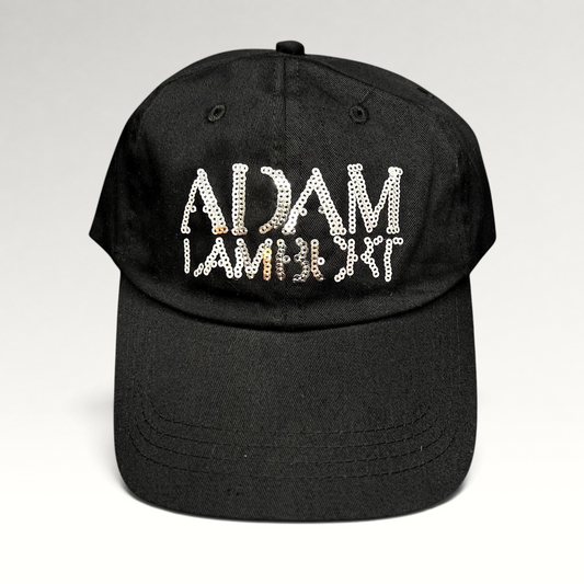 Raree Finds black cotton snapback hat featuring an Adam Lambert logo in silver and gold sequins.