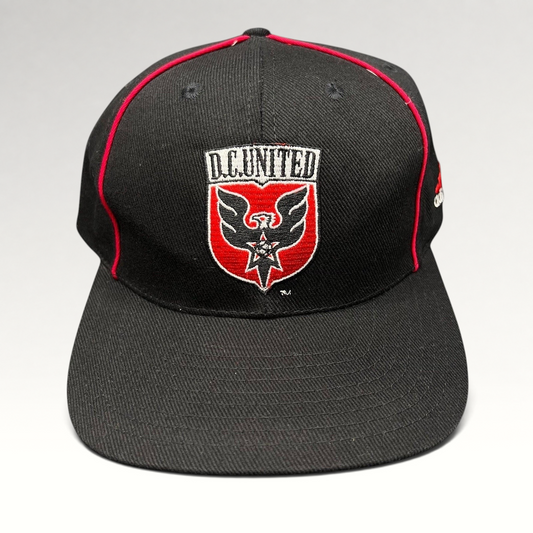 Raree Finds vintage Adidas DC United MLS snapback hat in black with red piping and embroidered eagle crest logo.