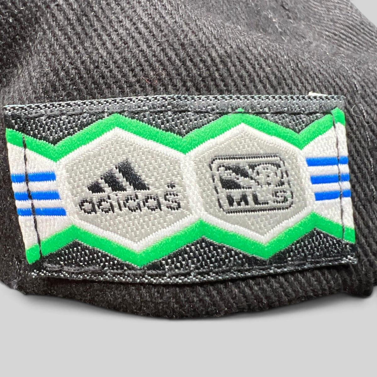 Raree Finds vintage Adidas MLS DC United soccer hat patch detail with embroidered logos and green geometric accents