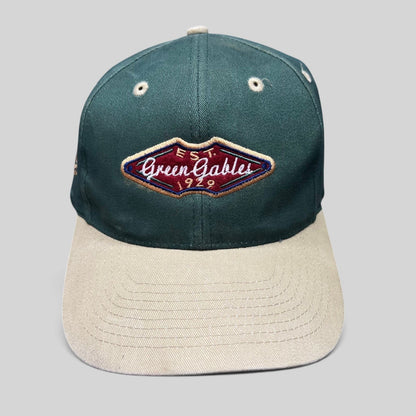 Raree Finds vintage Ahead Headgear two-tone forest green and khaki strapback golf hat with Green Gables 1929 patch