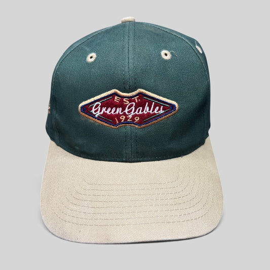 Raree Finds vintage Ahead Headgear two-tone forest green and khaki strapback golf hat with Green Gables 1929 patch