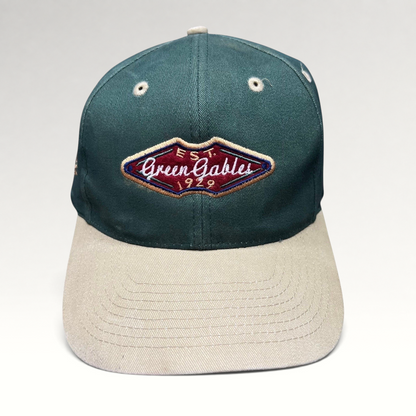 Raree Finds vintage Ahead Headgear two-tone forest green and khaki strapback golf hat with Green Gables 1929 patch