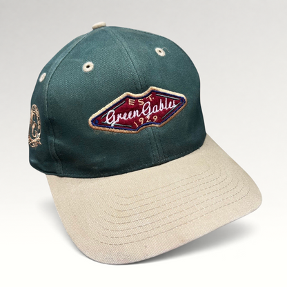 Raree Finds vintage Ahead Headgear strapback hat with forest green crown, khaki brim, and Green Gables 1929 patch.