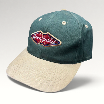 Raree Finds vintage Ahead Headgear strapback hat with a forest green crown, khaki brim, and Green Gables 1929 patch.